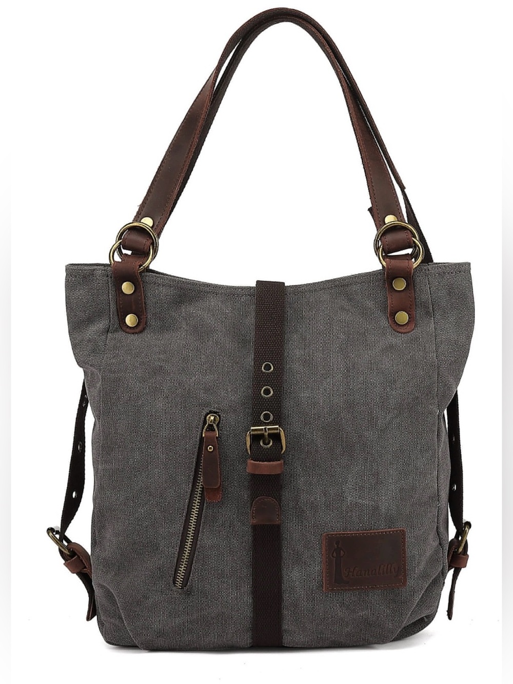 Hanalily Convertible Backpack Grey Canvas Leather Straps